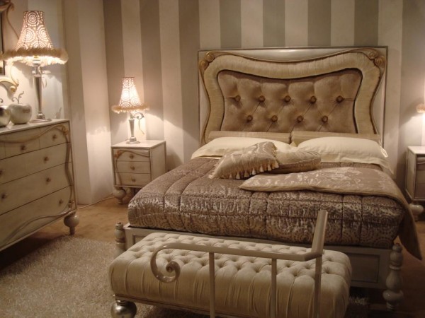 Bedroom,Picturesque Stripes Wallpaper Bedroom Furniture Design Inspiration With Charming Broken White Single Bed And Nice White Nightstand Table On Combined Cream Drum Shade Also Cozy Cushion Ottoman,Chic Bedroom Furniture Inspiration