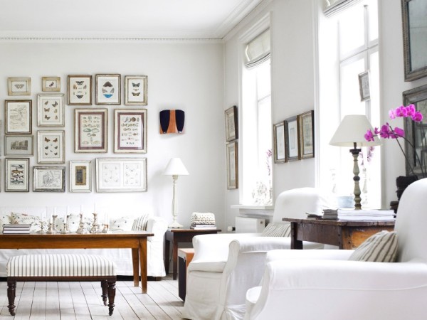Furniture,Admirable Large Space Interior House Design Picture With Charming White Fabric Sofas And Vintage Brown Wood Square Accent Table On Combined Beautiful White Cup Table Lamp Also Nice Brown Rectangular Table Using Picturesque White Wall Paint,Picturesque Interior House Design Pictures 2015