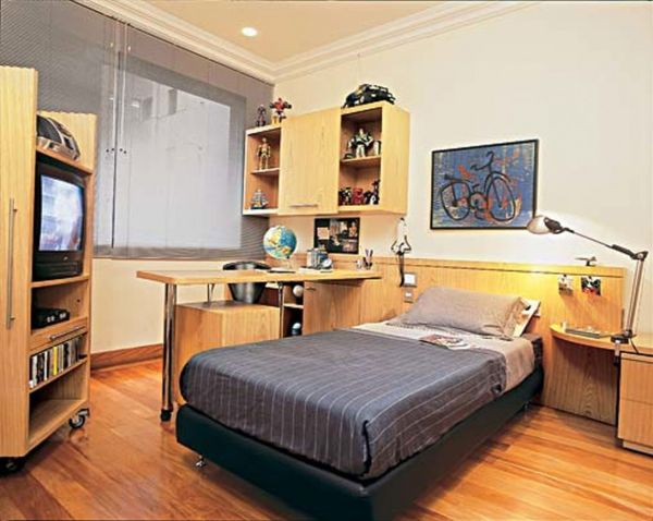 Bedroom,Appealing Teenage Bedroom Furniture For Boy Decoration With Comfortable Black Leather Bed Frame And Cozy Study Space Also Nice Open Shelves Plus Beautiful Bright Wood Floor ,Modern Teenage Bedroom Furniture For Boys Design Inspiration 