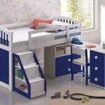 Bedroom,Enchanting Teenage Bedroom Furniture For Boy Design Ideas With Contemporary Blue White Wood Bed Frame And Cool Stairway Plus Wonderful Open Shelves Also Comfortable Study Space ,Modern Teenage Bedroom Furniture For Boys Design Inspiration 