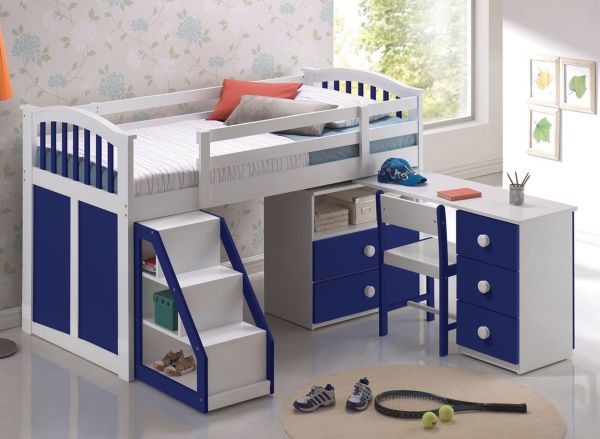 Bedroom,Enchanting Teenage Bedroom Furniture For Boy Design Ideas With Contemporary Blue White Wood Bed Frame And Cool Stairway Plus Wonderful Open Shelves Also Comfortable Study Space ,Modern Teenage Bedroom Furniture For Boys Design Inspiration 