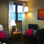 Furniture,Enchanting Small Space Pychotherapy Office Decor With Picturesque Black Single Seater Sofas And Nice Bright Brown Wood Square Accent Table On Combined Beautiful White Cup Table Lamp Also Gorgeous White Curtains,Cool Psychotherapy Office Decor In Home 