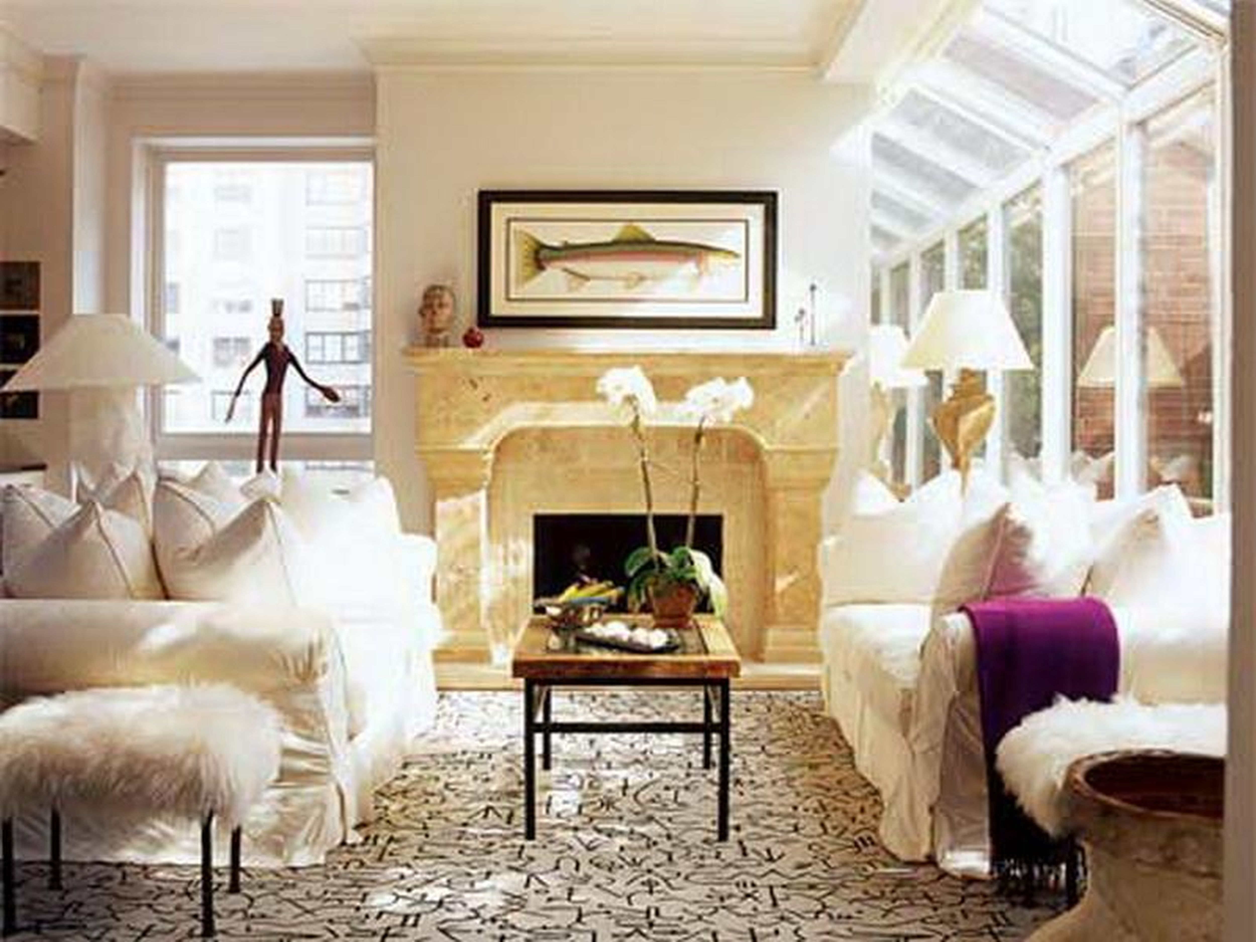 Apartments,Extraordinary Broken White Wall Paint Furniture For Apartment Design Ideas With Comfortable White Fabric Sofas On Combined Soft White Fabric Cushions And Nice Rectangular Glass Table Also Beautiful Yellow Marble Fireplace Plus Wonderful White Wood Window Frame,Cheap Furniture For Apartments Decoration Modern
