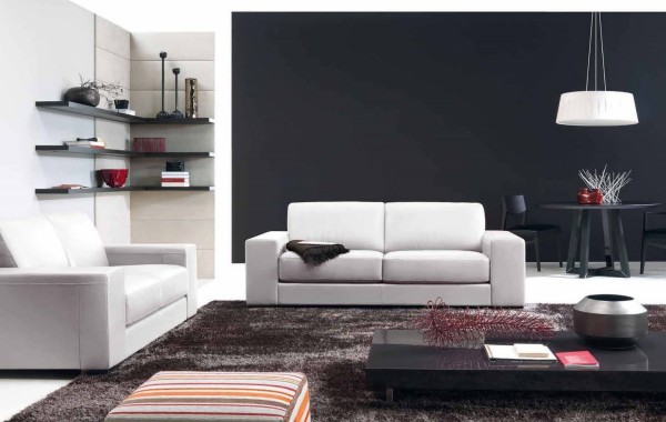 Bedroom,Dazzling Design A Room With Awesome White Leather Two Seater Sofas And Modern Black Rectangular Tuscan Side Table On Combined Gray Rug Also Splendid White Drum Pendant Lamp,Design A Rooms Latest