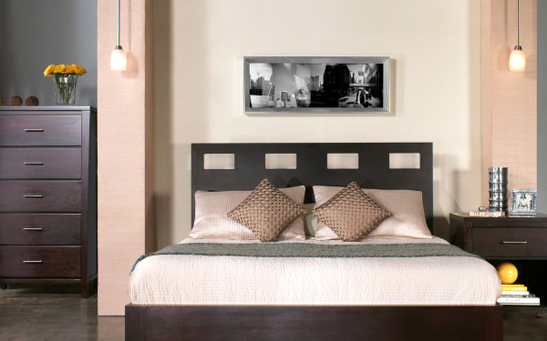 Furniture,Simple Interior House Design Picture With Nice Dark Brown Wood Bed Frame On Combined Soft White Bed Cover And Wonderful Dark Brown Wood Nightstand Table Also Exquisite Dark Brown Wood Dresser Plus Beautiful Hanging Lamps,Picturesque Interior House Design Pictures 2015