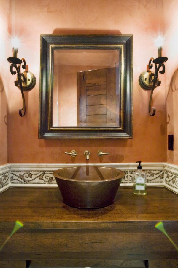 Bathroom,Enthralling Half Bathroom Vanity Ideas For Small Bathroom With Contemporary Brown Washbasin And Style Single Faucet Also Cool Square Glass Mirror In Black Wood Frame Plus Vintage Two Lamp,Beauty Bathroom Vanity Ideas For Small Bathrooms