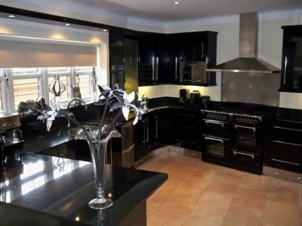 Kitchen,Stylish White Wall Paint Kitchen 2012 Design Ideas With Awesome Black Wood Kitchen Cabinet Combined Nice Black Granite Countertop And Beautiful Corner Floating Kitchen Cabinet In Nice Black Color Also Wonderful Cream Ceramic Tile Floor For Classy Concept,Contemporary Kitchens 2012