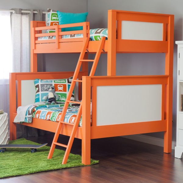 Bedroom,Dazzling Ricki Bunk Bed Design Ideas With Beautiful White Brown Bed Frame And Style Five Three Steps Ladder In Brown Color Also Soft Green Rug On Combined Dark Brown Floor,Modern Bunk Bed For Kids Bedroom Designs