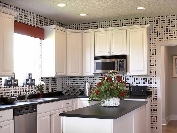 Furniture,Stunning Kitchen Interior Design Ideas With Beautiful White Wood Kitchen Cabinet On Combined Nice Black Countertop And Wonderful Floating White Wood Kitchen Cabinet Also Cool Black White Kithcen Island,Simple Interior Designs Ideas In Home