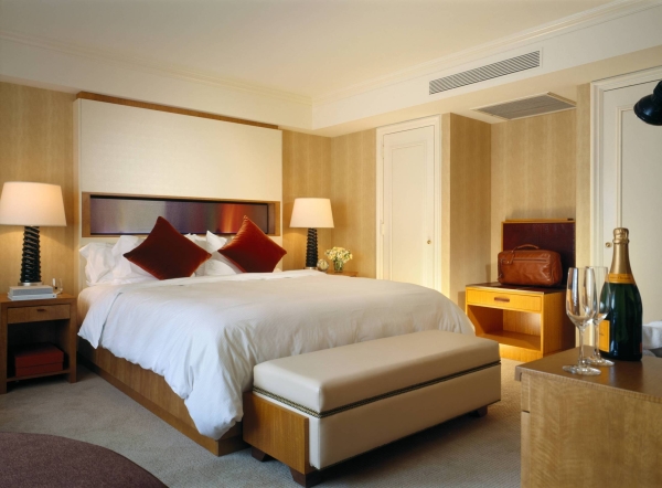 Bedroom,Dulexe Small Space Bedroom Design Ideas With Charming Brown Bed Frame On Combined Soft White Large Bed Sheet And Cool Brown Wood Nightstand Table Plus Beautiful White Drum Shade Table Lamps Also Comfortable White Leather Ottoman,Wide Range Of The Latest Modern Bedrooms