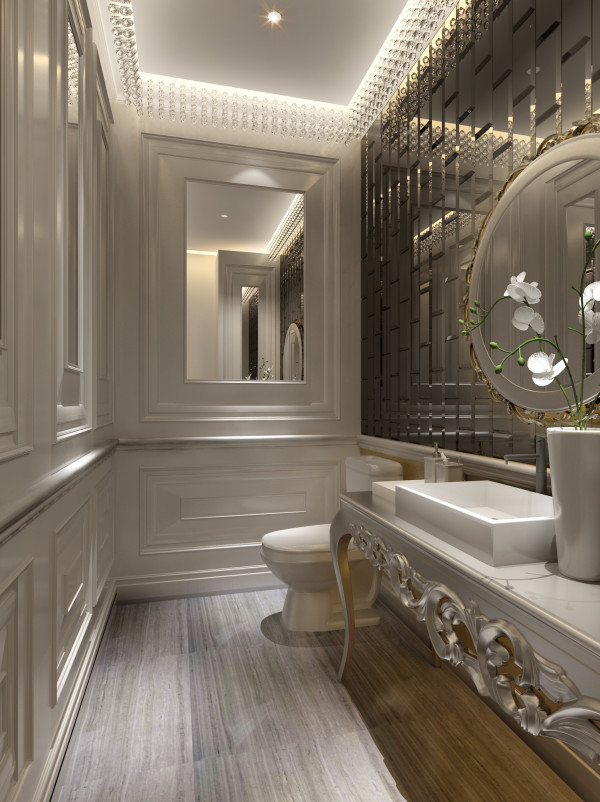 Bathroom,Contemporary Small Space Bathroom Ideas With Charming Silver Legs Bathroom Vanity Plus Gorgeous White Ceramic Rectangular Vessel Sink And Wonderful Round Wall Mirro Also Comfortable White Ceramic Latrine,Small Space With Contemporary Bathroom Ideas