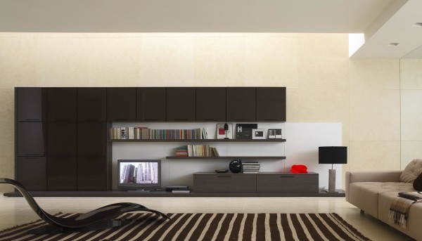 Furniture,Exclusive Sitting Room Design Ideas With Unique Tv Wall Units Plus Nice Open Book Shelves And Charming Black Over Drum Desk Lamp Also Modern Black Lounge Chair On Combined Adorable Black White Striped Rug ,Some Fancy Sitting Rooms