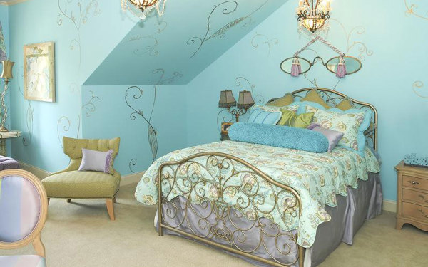 Bedroom,Fabulous Blue Wall Paint Plus Wall Decal Teenage Girl Bedroom Ideas With Cool Iron Bed Frame On Combined Soft Blue Bedding And Cozy Green Single Seater Sofa Also Antique Double Pendant Lamp,Cute Teenage Girl Bedroom Ideas