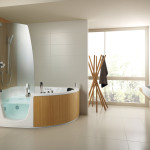 Bathroom,Adorable Large Space Bathroom 2011 Decoration With Awesome Corner Shower Enclosures And Cool Floating Bright Brown Wood Bathroom Vanity Plus Nice Rectangular White Ceramic Vessel Sink Also Picturesque Cream Hanging Lamps,Perfect Bathrooms 2011 Design Modern