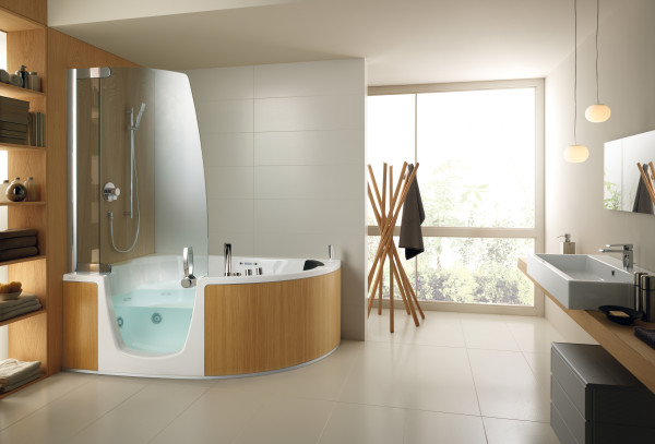 Bathroom,Adorable Large Space Bathroom 2011 Decoration With Awesome Corner Shower Enclosures And Cool Floating Bright Brown Wood Bathroom Vanity Plus Nice Rectangular White Ceramic Vessel Sink Also Picturesque Cream Hanging Lamps,Perfect Bathrooms 2011 Design Modern