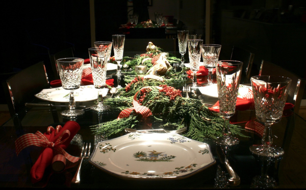 Dining Room,Amazing Christmas Dinner Table Decoration With Beautiful Black Dining Table And Wonderful Red Series Ribbon Flowers Also Gorgeous Candy Canes Tied Combined Ribbon Serve As Napkin Rings,Sweet Romantic Christmas Dinner Table Decorations