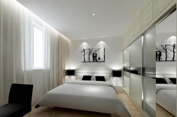 Bedroom,Marvelous White Wall Paint Minimalist Bedroom Decoration With Beautiful White Low Profile Bed On Combined Orange Tiles And Wonderful White Large Curtains Also Modern Two Black Drum Shade For Luxurious Concept,Beauty A Minimalist Bedroom Ideas