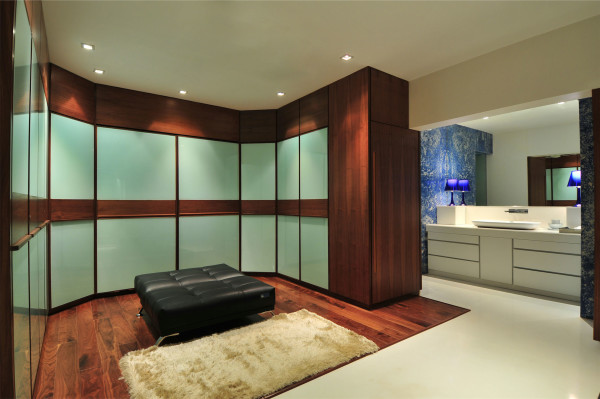 Furniture,Contemporary Interior Design Architect With Soft Black Leather Ottoman And Soft Cream Rug On Combined Trendy Brown Wood Floor Also Beautiful White Wood Bathroom Vanity Plus Cool White Ceramic Rectangular Vessel Sink,Modern Interior Design Architects For Your Homes