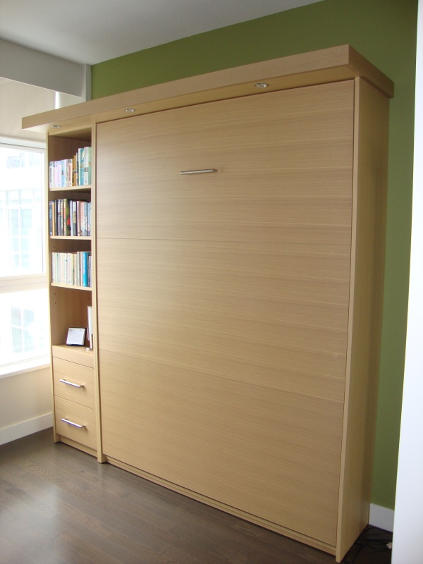 Bedroom,Modern Green Wall Paint Murphy Bed Design Inspiration With Beautiful Bright Brown Walnut Bed Frame And Cool Open Book Shelves Also Gorgeous Dark Brown Wood Tile Floor,Uniquely Murphy Bed Inspiration For Your Bedroom