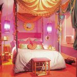 Bedroom,Fascinating Colorful Pink Orange Themed Modern Bedroom Design For Teenage Girl With Comfortable Canopy Bed On Combined Beautiful White Flimsy White Bed Cover And Charming Gold Curtains Also Wonderful Stand Lamp,Modern Bedroom Designs For Teenage Girls