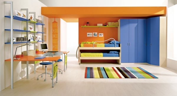 Bedroom,Dulexe Large Space Boy And Girl Bedroom Ideas With Contemporary Bunk Bed In Nice Bright Brown Wood Frames Plus Gorgeous Corner Blue Wood Wardrobe Also Comfortable Study Space,Exceptional Delightful Boy And Girl Bedroom Ideas