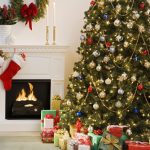 Furniture,Fascinating White Wall Xmas Tree Decoration With Beautiful Xmas Tree Lights In Nice Cream Color And Wonderful White Ball Ornaments Also Stunning Fireplace Plus Gorgeous Double Light Candle,Awesome Xmas Trees Latest For Christmas