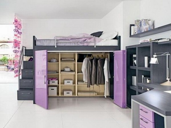 Furniture,Unusual White Wall Paint Diy Teenage Bedroom Furniture Ideas With Charming Loft Bed In Nice Black Bed Frame Plus Cool Black Stairway And Cute Purple Glossy Closet Also Gorgeous Curved Black Study Table,Affordable Teenage Bedroom Furniture Ideas To Make Your Home Look Beautiful