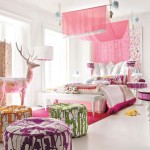 Bedroom,Admirable Large Space Room For Teenage Girl Design With Cool Canopy Bed On Combined Soft Pink Rectangular Rug Plus Wonderful White Wood Bench And Beautiful White Drum Floor Lamp Also Cute White Purple Wood Vanity Table Using Picturesque White Wall Paint,Contemporary Small Rooms For Teenage Girls To Bedroom