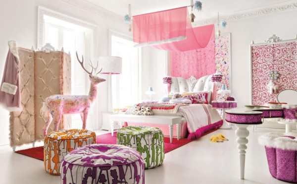 Bedroom,Admirable Large Space Room For Teenage Girl Design With Cool Canopy Bed On Combined Soft Pink Rectangular Rug Plus Wonderful White Wood Bench And Beautiful White Drum Floor Lamp Also Cute White Purple Wood Vanity Table Using Picturesque White Wall Paint,Contemporary Small Rooms For Teenage Girls To Bedroom
