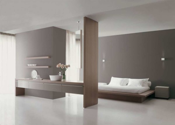 Bathroom,Charming Bathroom Design Ideas With Marvelous Platfrom Bed In Bright Brown Wood Bed Frame On Combined Nice White Fabric Bed Cover Also Cool White Ceramic Vessel Sink Plus Exquisite Gray Wall Paint,Contemporary Bathroom Design Inspiration You To Clean The Body