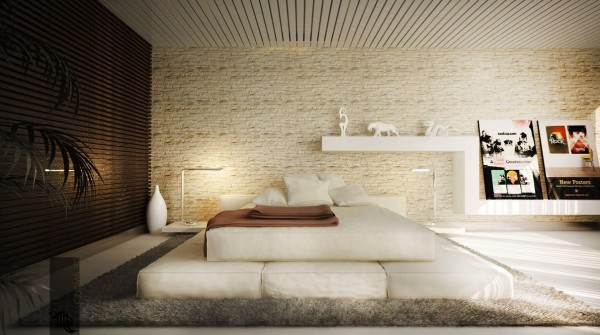 Bedroom,The Best Beautiful Beige Brown Scheme Modern Bedroom Design Ideas With Stylish Beige Large Platform Bed And Soft Gray Rug Also Beige Stone For Nature Concept,Modern Bedroom Design