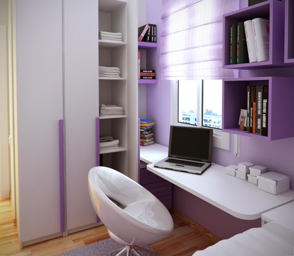 Furniture,Picturesque Purple Themed Modern Desk For Small Space Design Ideas On Combined Simple White Study Desk Plus Modern Round Chair In White Color With Beautiful Square Shaoed Shelves And Extra Tall White Closet Also Gorgeous Purple Curtains,Styles Modern Desks For Small Spaces