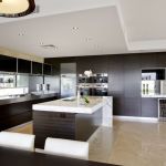 Furniture,Picturesque Open Plan Beautiful Contemporary Kitchen Design Ideas With Charming Large Black Wood Kitchen Cabinet And Nice Glass Mirror Backsplash Also Cool Kitchen Island On Combined Gorgeous White Granite Countertop Plus Awesome Cream Granite Floor,Beautiful Contemporary Kitchens