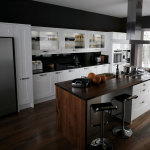 Furniture,Marvelous Dark Scheme Beautiful Contemporary Kitchen Design Inspiration With Style White Wood Kitchen Cabinet And Wonderful Stainless Cooker Hood Also Comfortable White Brown Wood Kitchen Island On Combined Wood Floor Plus Modern Chrome Bar Stools ,Beautiful Contemporary Kitchens