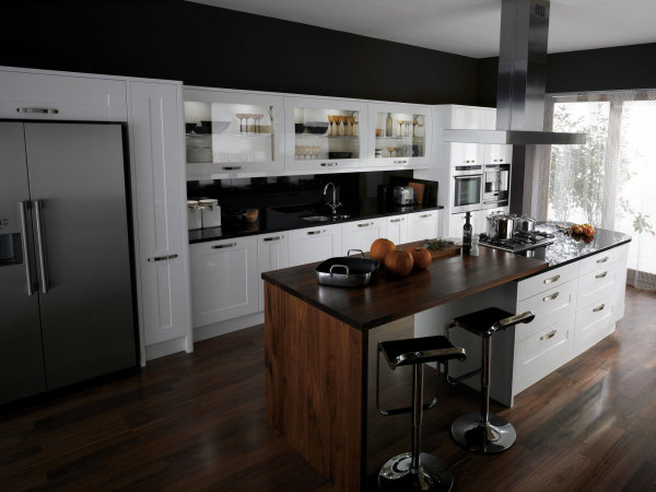 Furniture,Marvelous Dark Scheme Beautiful Contemporary Kitchen Design Inspiration With Style White Wood Kitchen Cabinet And Wonderful Stainless Cooker Hood Also Comfortable White Brown Wood Kitchen Island On Combined Wood Floor Plus Modern Chrome Bar Stools ,Beautiful Contemporary Kitchens