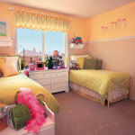 Bedroom,Nice Looking Small Space Children Bedroom Design Inspiration With Nice Twins Bed And Cool White Wood Dresser Also Gorgeous Small Glass Windows,Cool Stylish With Themed Children Bedroom Designs