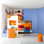 Bedroom,Amazing White Wall Paint Children Bedroom Design With Charming Blue Curved Wardrobe And Cool Open Book Shelves Plus Comfortable Bunk Bed Also Soft Gray Rectangular Rug For Boys Bedroom,Cool Stylish With Themed Children Bedroom Designs
