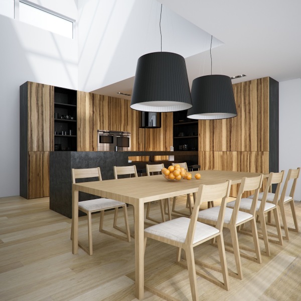 Furniture,Extraordinary White Wall Paint Kitchen Design Ideas With Stunning Bright Bamboo Kitchen Cabinet Plus Cool Black Kitchen Island And Comfortable Dining Room Also Amazing Over Drum Pendant Lamps In Beautiful Black Color,Luxury Kitchen Designers