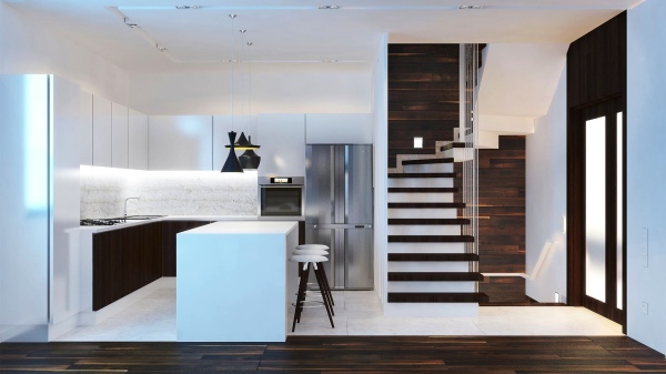 Furniture,Splendid Beautiful Contemporary Kitchen Design Ideas With Wonderful White Walnut Kitchen Island And Cool White Black Bar Stools Also Nice White Kitchen Cabinet Plus Amazing Black Hanging Lamps,Beautiful Contemporary Kitchens
