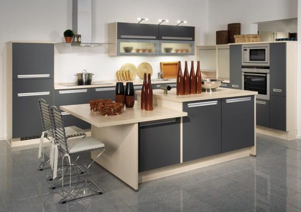 Furniture,Unusual Beautiful Contemporary Kitchen Design Inspiration With Stylish Beige Gray Wood Kitchen Cabinet And Cool Satinless Cooker Hood Also Nice Beige Gray Kitchen Island On Combined Appliances Plus Cozy White Padded Iron Base Chairs ,Beautiful Contemporary Kitchens