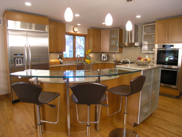 Furniture,Adorable White Ceiling Virtual Kitchen Design Tool Decoration With Gorgeous Bright Brown Wood Kitchen Cabinet And Charming Curved Kitchen Island Bar Table Plus Modern Brown Bar Stools Also Beautiful Three Pendant Lamp,Stunning Virtual Kitchen Design Tool Modern
