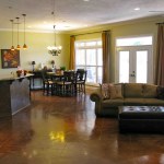 Furniture,Simple Dark Brown Granite Open Kitchen Floor Plan Design Ideas With Nice Breakfast Nook Plus Beautiful Chandelier And Comfortable Two Seater Sofa In Gray Color Also Cozy Black Cushion Ottoman,Awesome Open Kitchen Floor Plans Design