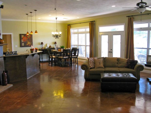 Furniture,Simple Dark Brown Granite Open Kitchen Floor Plan Design Ideas With Nice Breakfast Nook Plus Beautiful Chandelier And Comfortable Two Seater Sofa In Gray Color Also Cozy Black Cushion Ottoman,Awesome Open Kitchen Floor Plans Design
