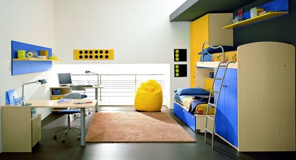 Bedroom,Delightful White Wall Paint Foxy Tween Room Design Inspiration With Exquisite Bunk Bed On Combined Soft Twin Mattress In Blue Color And Fabulous Double Study Space Also Wonderful Floating Open Book Shelves Plus Soft Brown Rug ,Cool Awesome Tween Rooms Design Ideas