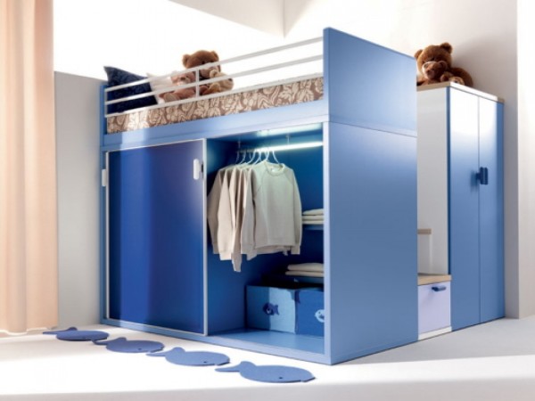 Furniture,Enchanting White Wall Paint Teenage Bedroom Furniture Ideas With Trendy Blue Loft Bed On Combined Soft Brown Pattern Bed Sheet And Cool Blue Closet Plus Pretty Large Pink Curtain Also Unique Blue Fish Shaped Rugs,Affordable Teenage Bedroom Furniture Ideas To Make Your Home Look Beautiful
