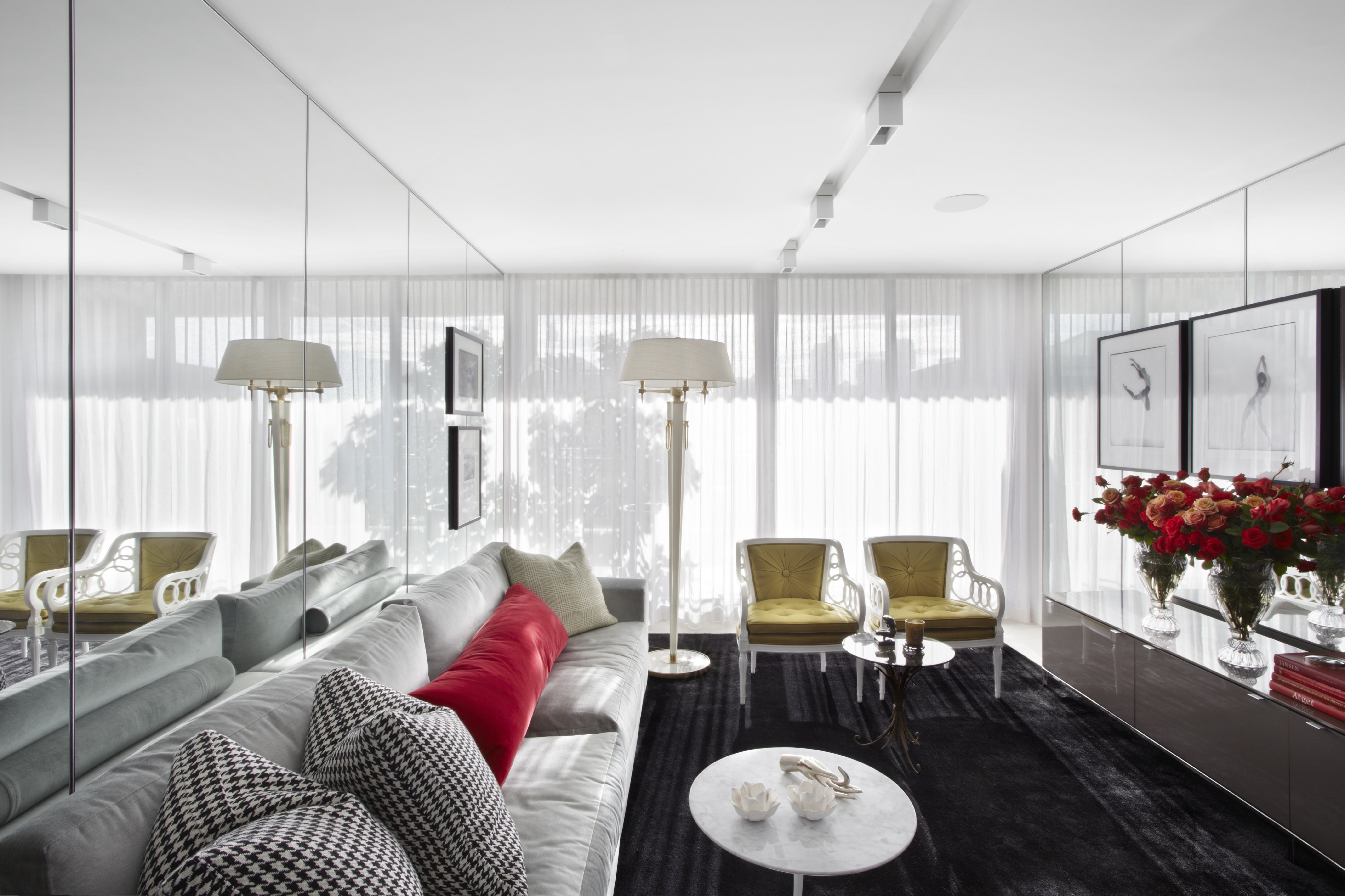 Furniture,Exceptional Small Space Interior Design Picture With Charming Gray Fabric Sofas And Nice White Round Table On Combined Soft Large Black Rug Also Elegant White Floor Lamp,Pretentious Interior Design Pictures 2015