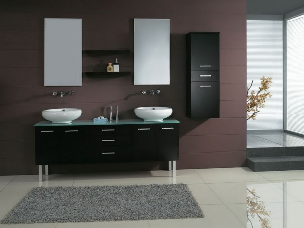 Bathroom,Enchanting Brown Background Best Modern Bathroom Design Ideas With Amazing Black Wood Bathroom Vanity On Combined Beautiful Double White Ceramic Vessel Sink And Wonderful Double Vertical Wall Mirrors Plus Nice Bathroom Wall Cabinets In Cool Black Wood Material Also Soft Grey Fur Rug,The Best Modern Bathrooms Design Great
