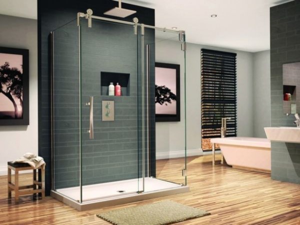 Bathroom,Terrific Lovely Large Space Best Modern Bathroom Design Inspiration With Fabulous Corner White Ceramic Freestanding Bathtub And Beautiful Floating White Ceramic Vessel Sink Also Picturesque Cubicle Shower Plus Nice Brown Hardwood Floor,The Best Modern Bathrooms Design Great