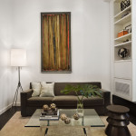 Apartments,Contemporary White Wall Paint Very Small Apartment Design Inspiration With Comfortable Black Sofa On Combined Soft White Cushions And Cool Glass Table On Combined Nice Chrome Legs Plus Modern Tripod Floor Lamp Also Gorgeous White Open Book Shelves,Comfy Studio In Very Small Apartment Design