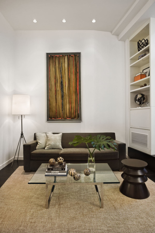 Apartments,Contemporary White Wall Paint Very Small Apartment Design Inspiration With Comfortable Black Sofa On Combined Soft White Cushions And Cool Glass Table On Combined Nice Chrome Legs Plus Modern Tripod Floor Lamp Also Gorgeous White Open Book Shelves,Comfy Studio In Very Small Apartment Design